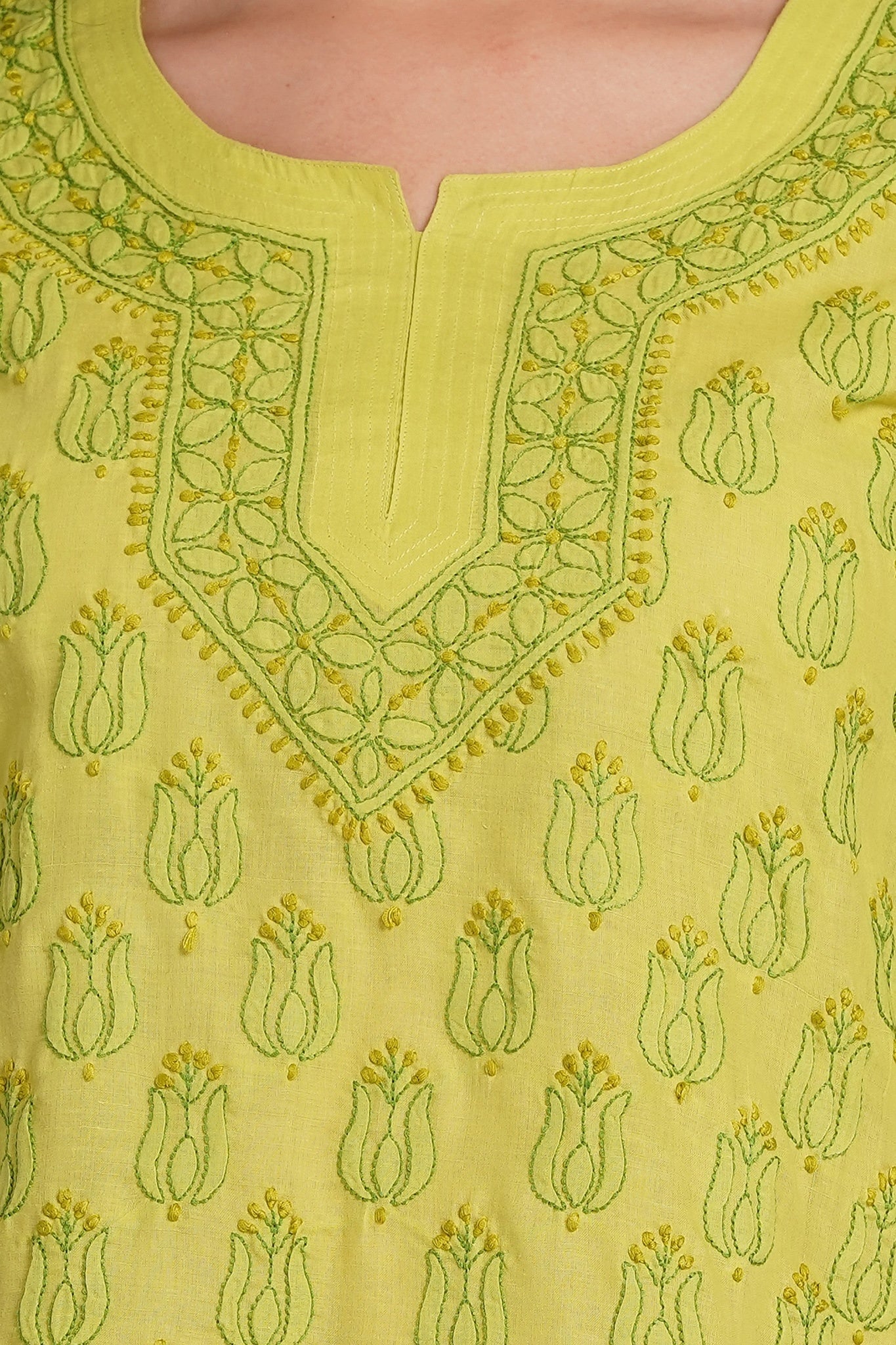 Karigiri Lime Green Chikankari Hand Embroidered Pure Cotton Short Kurti