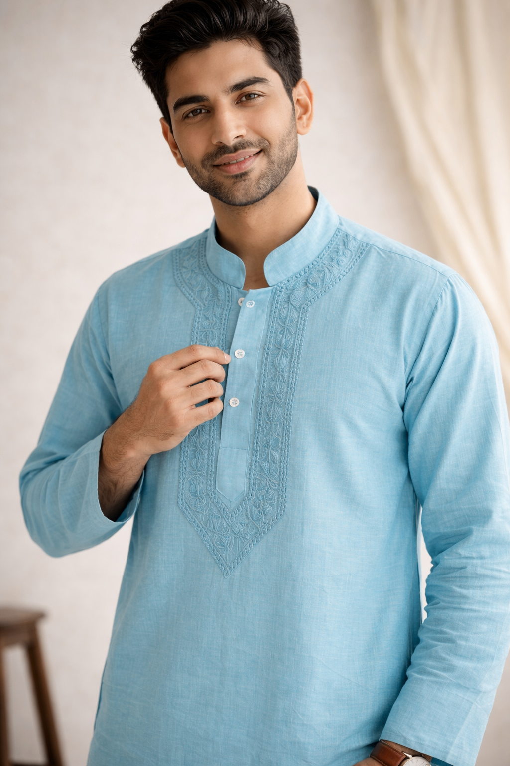 Karigiri Aqua Blue Chikankari Cotton Men's Kurta_KF0002