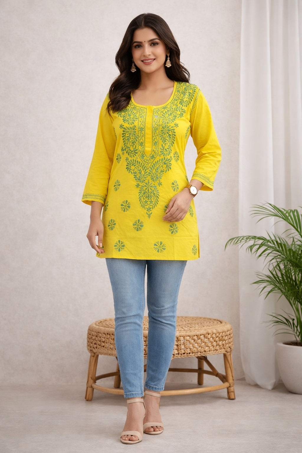 Karigiri Yellow Lucknowi Chikankari Short Hip Length Kurti with Green Thread Work, Hand Embroidered Pure Cotton, Straight Fit, Three-Quarter Sleeves, Round Neck