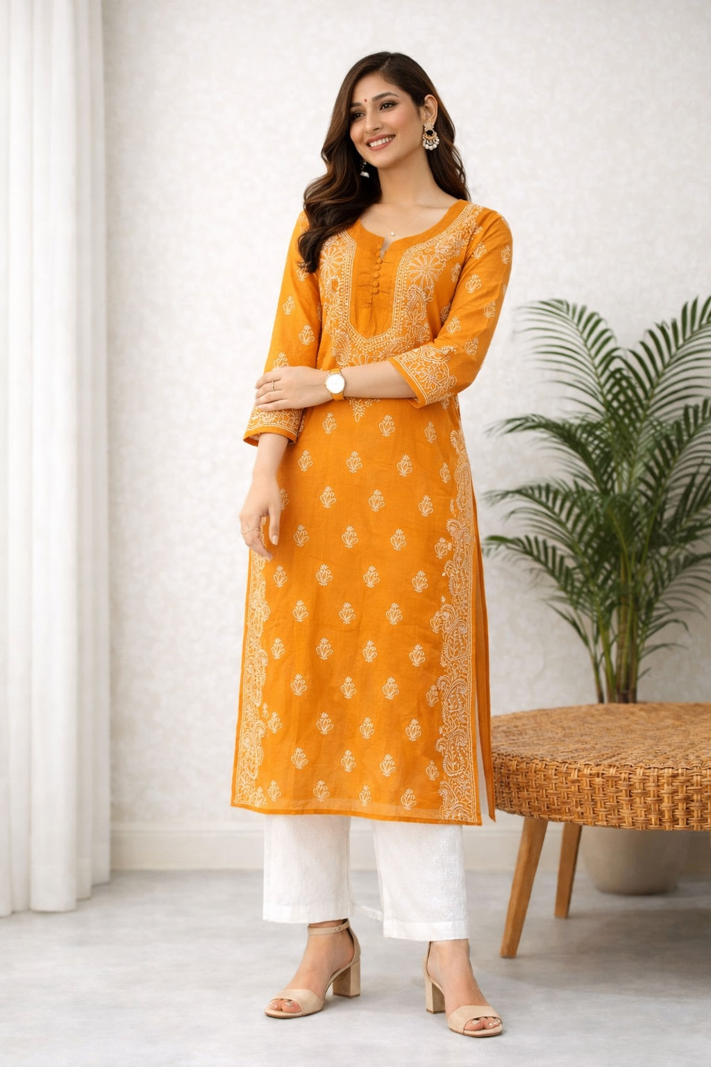 Karigiri Mustard Yellow Chikankari Cotton Kurti Women_KF0134