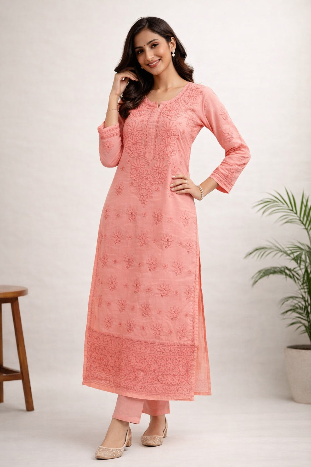 Karigiri Peach Chikankari Cotton Kurti for Women_KF0093
