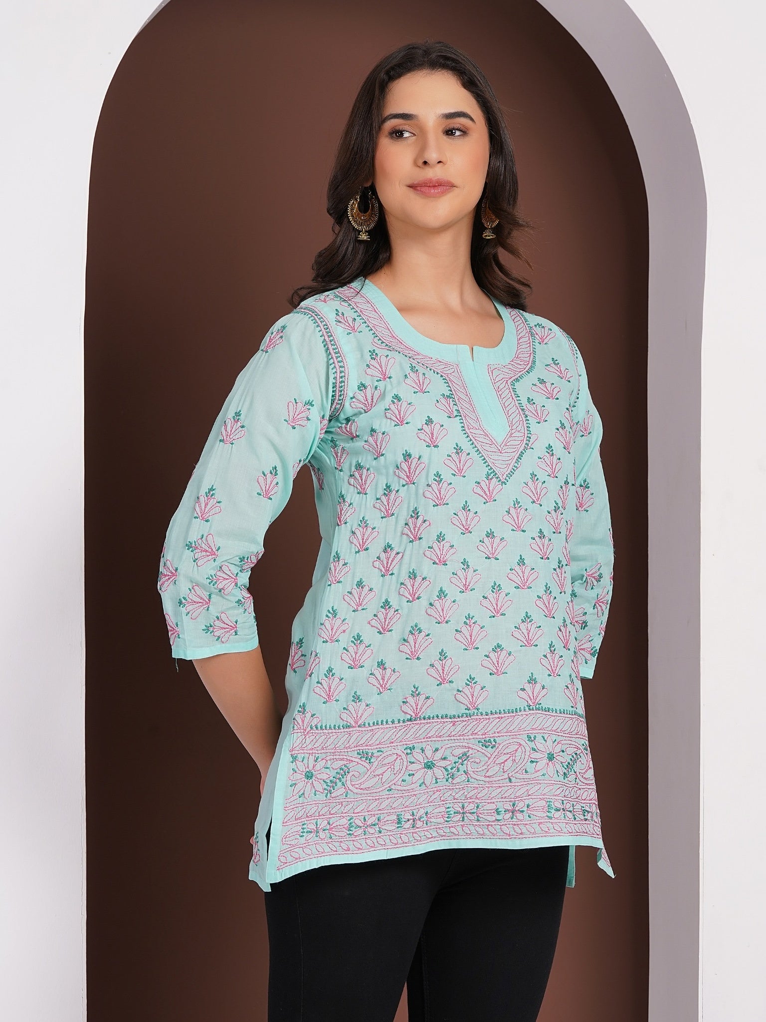 Karigiri Lucknowi Chikankari Hand Embroidered Pure Cotton Short Kurti, Mint Green, Traditional Ethnic Wear