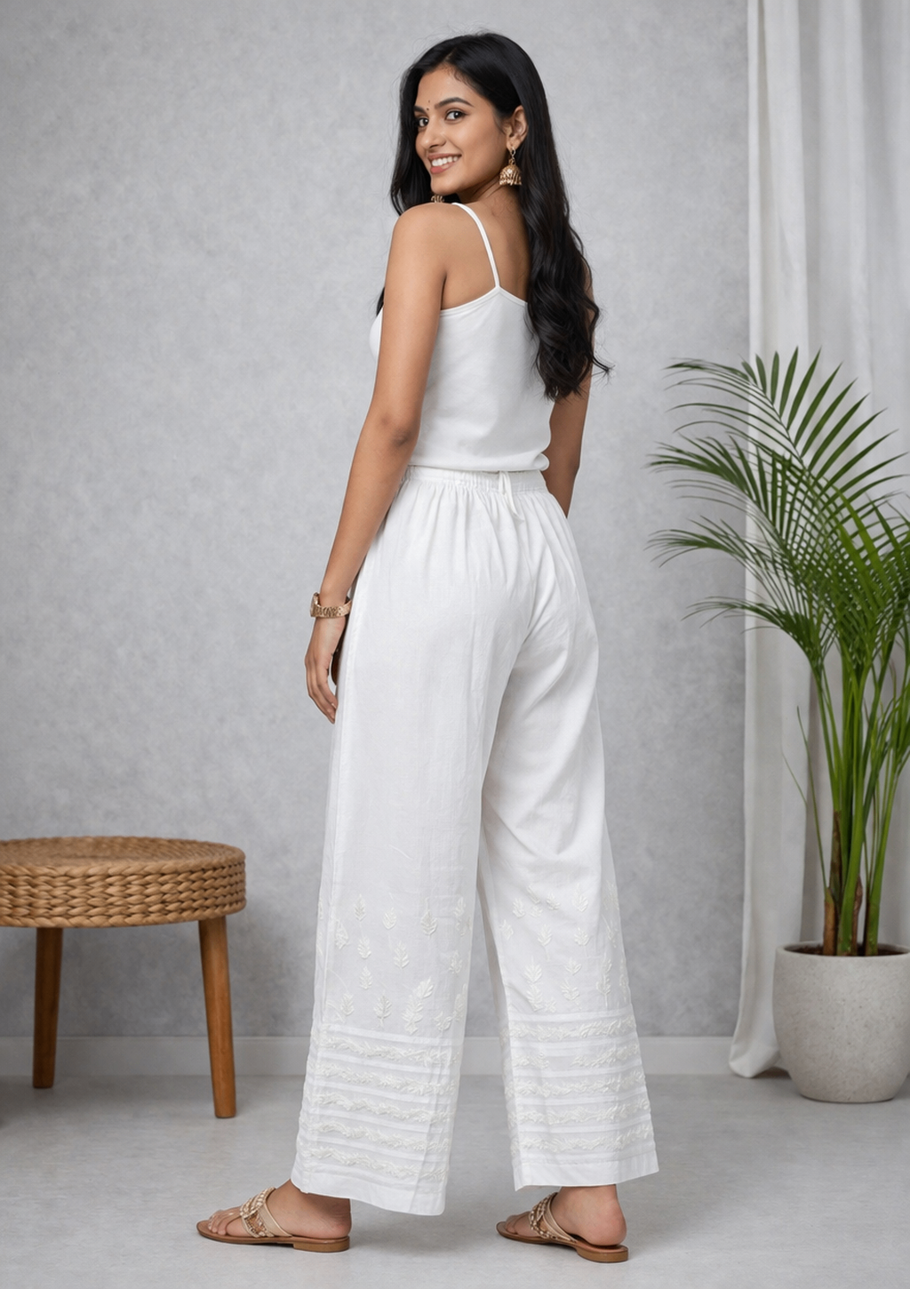 Karigiri White Chikankari Cotton Palazzo Pants_KF0197