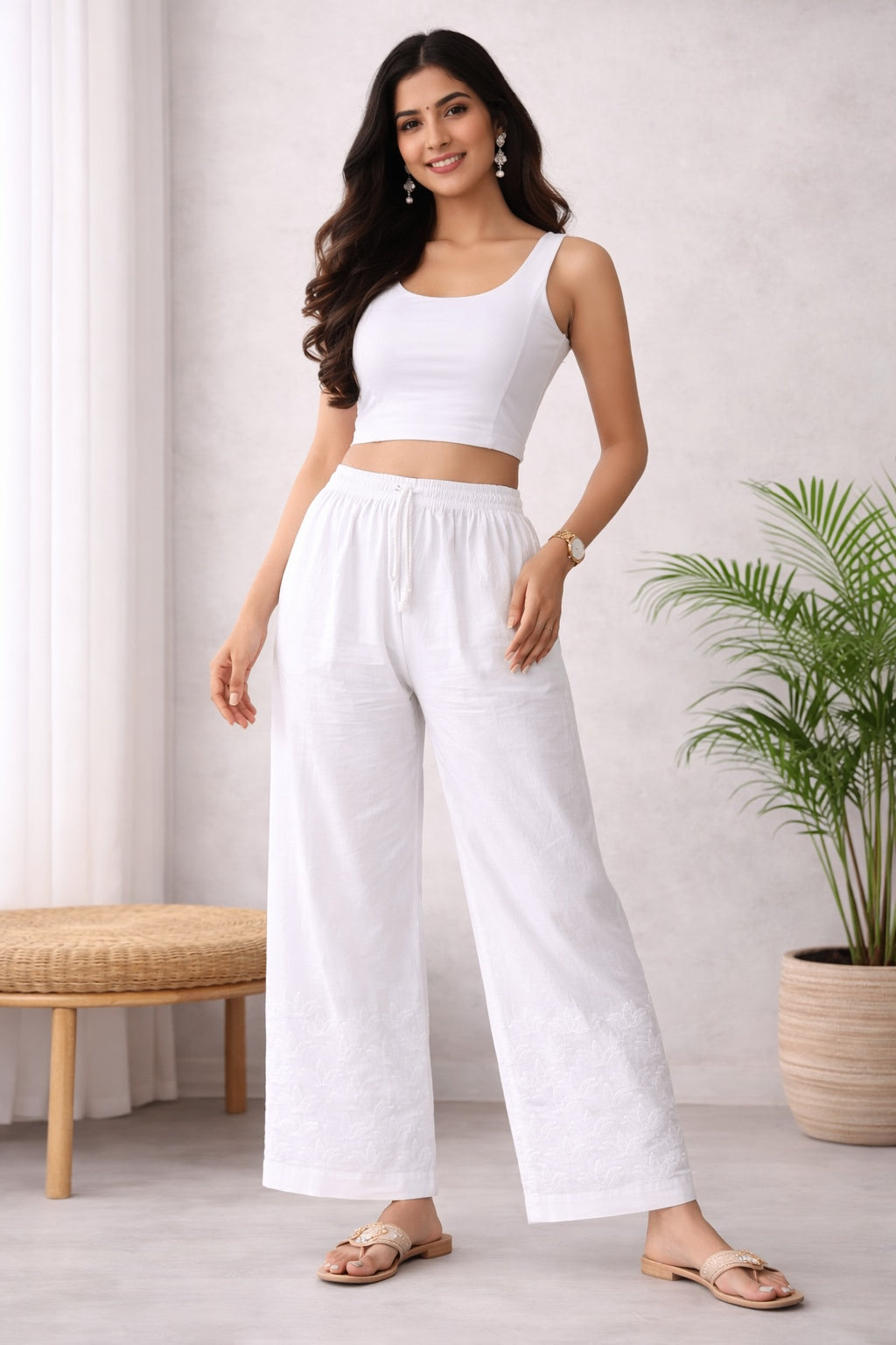 Karigiri White Chikankari Cotton Palazzo Pants_KF0199