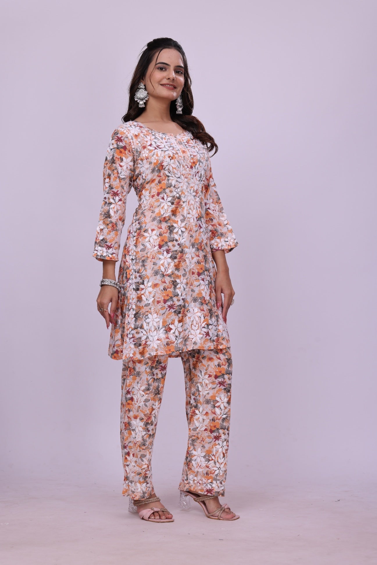 Karigiri Orange Chikankari Cotton Co-Ord Set Women_KF0060