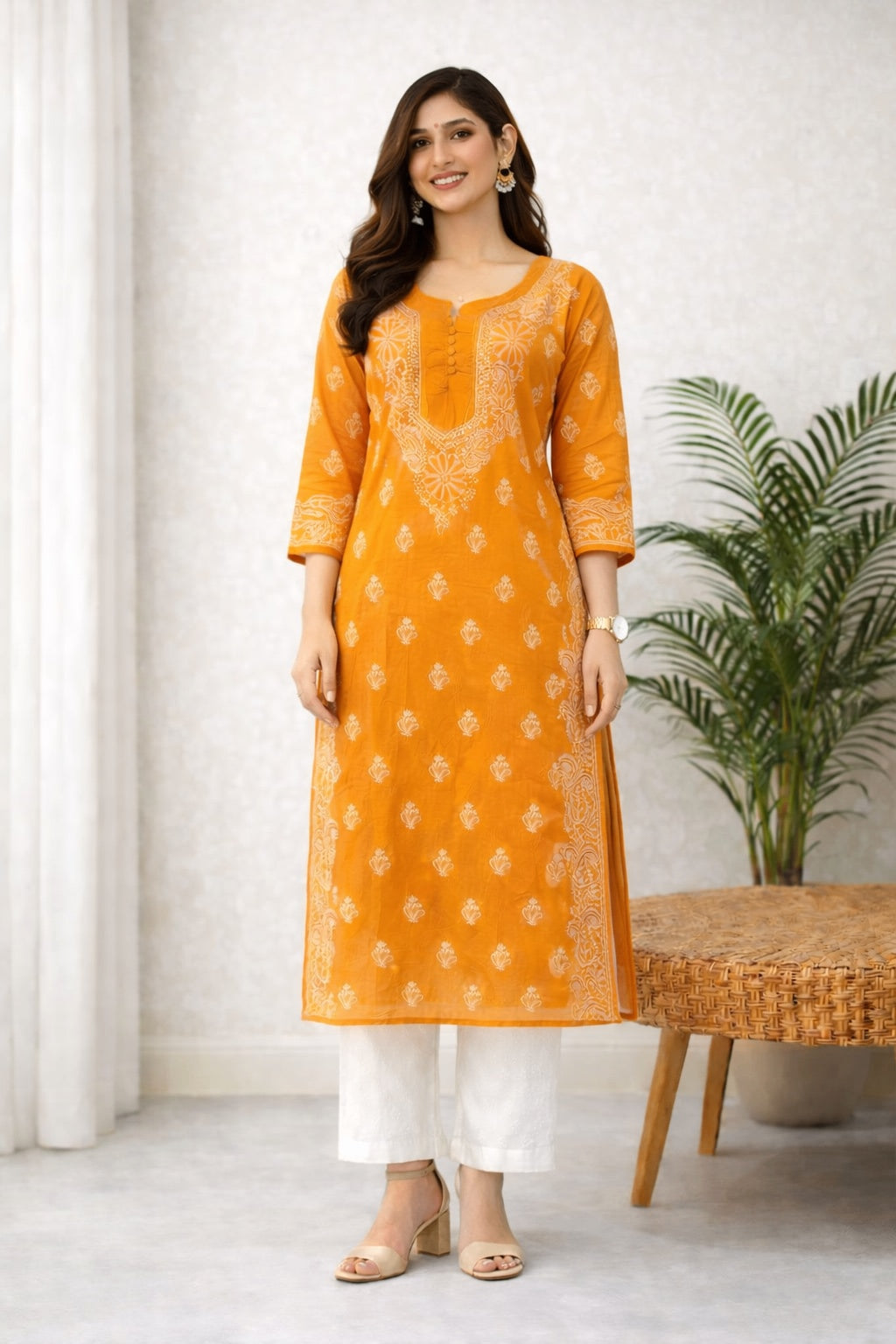 Karigiri Mustard Yellow Chikankari Cotton Kurti Women_KF0134