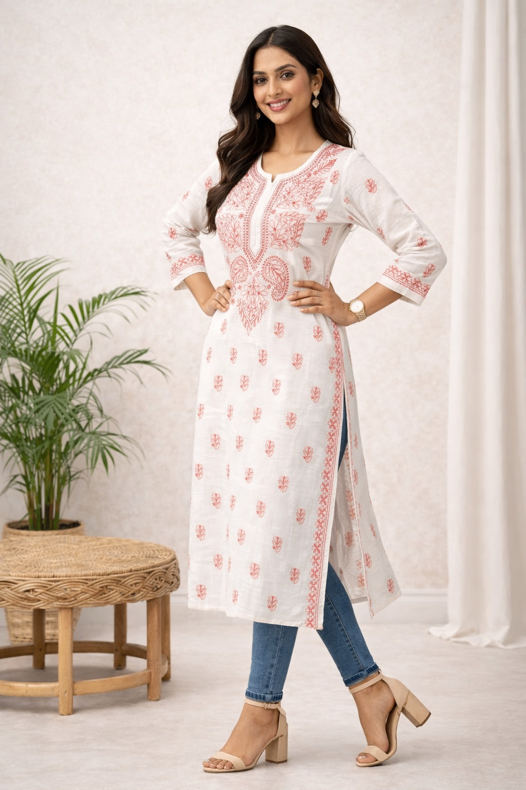 Karigiri White Coral Chikankari Cotton Kurti Women_KF0136