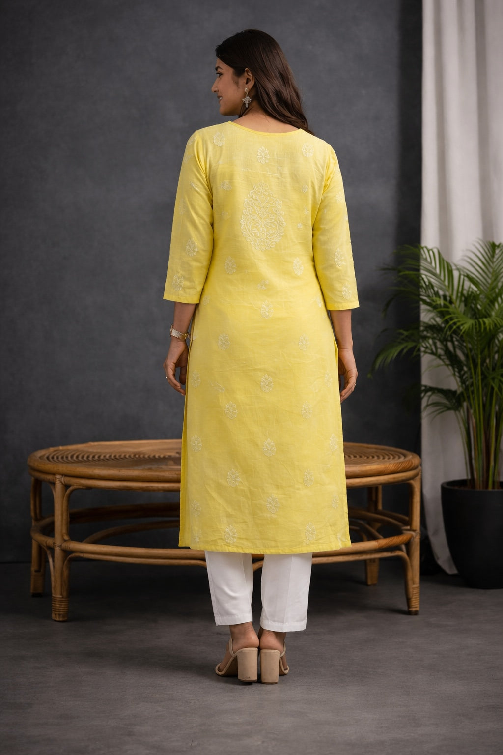 Karigiri Women’s Pure Soft Cotton Kurti, Lemon Yellow with Lucknowi Chikankari Embroidery, Straight Fit, Round Neck, 3/4 Sleeves