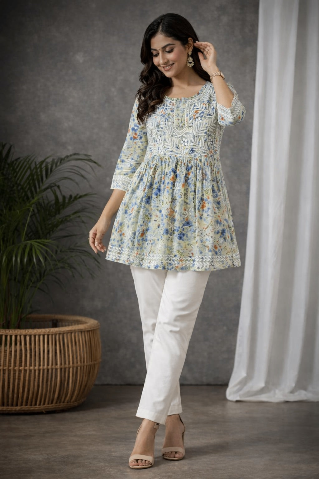 Karigiri Chikankari Printed Cotton Flared Short Kurti_KF0046