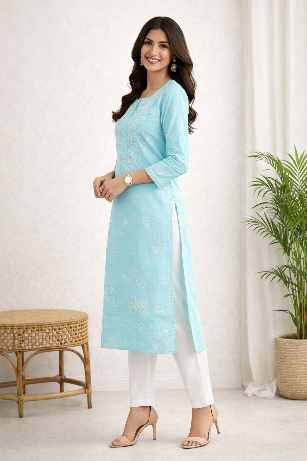 Karigiri Sky Blue Chikankari Cotton Kurti_KF0190