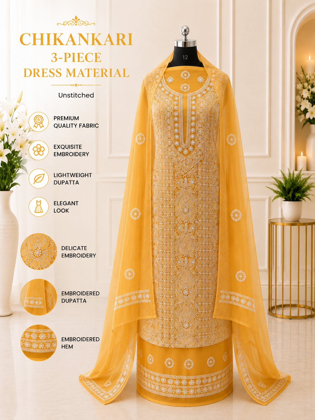 Karigiri Mustard Yellow Chikankari Georgette Dress Material