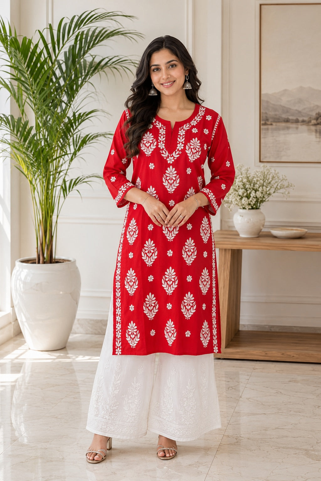 Karigiri Red Chikankari Mulmul Cotton Kurti Women_KF0066