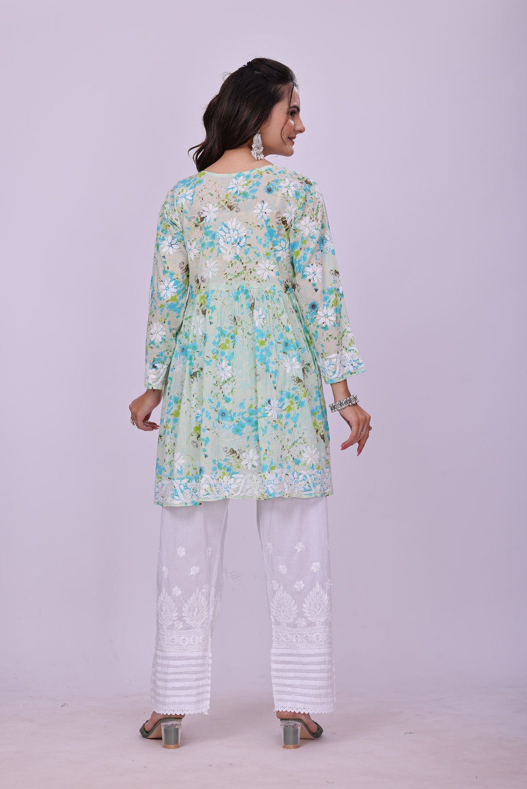Karigiri Green Floral Chikankari Frock Style Short Kurta_KF0122