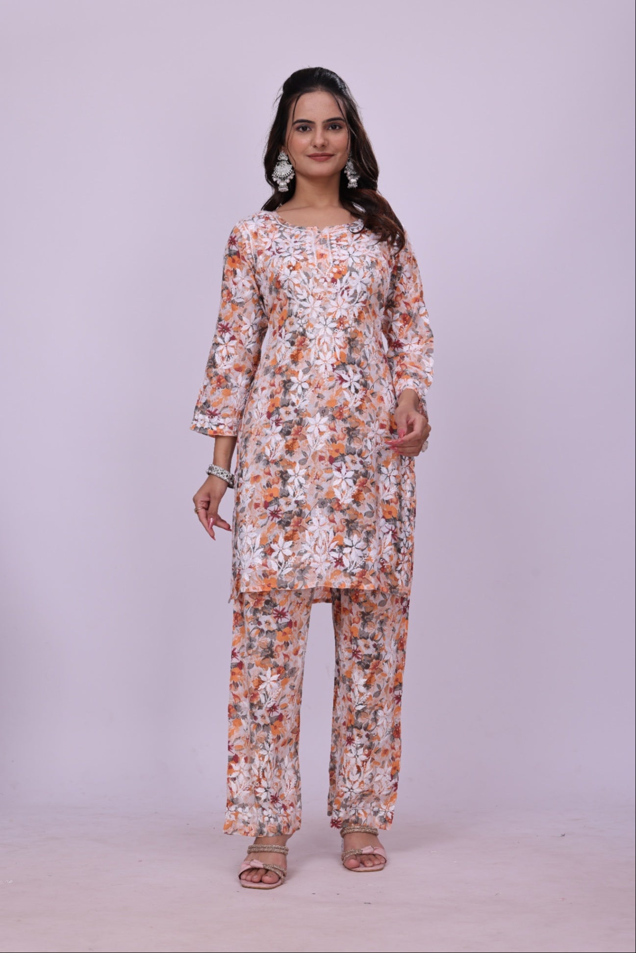 Karigiri Orange Chikankari Cotton Co-Ord Set Women_KF0060