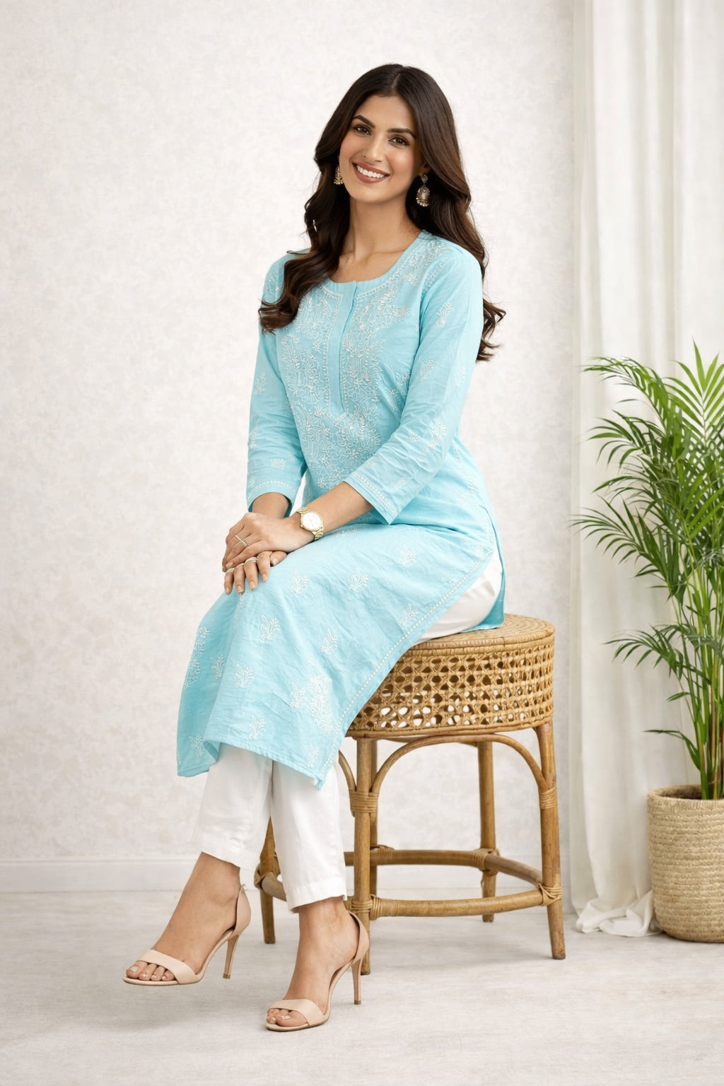 Karigiri Sky Blue Chikankari Cotton Kurti_KF0190