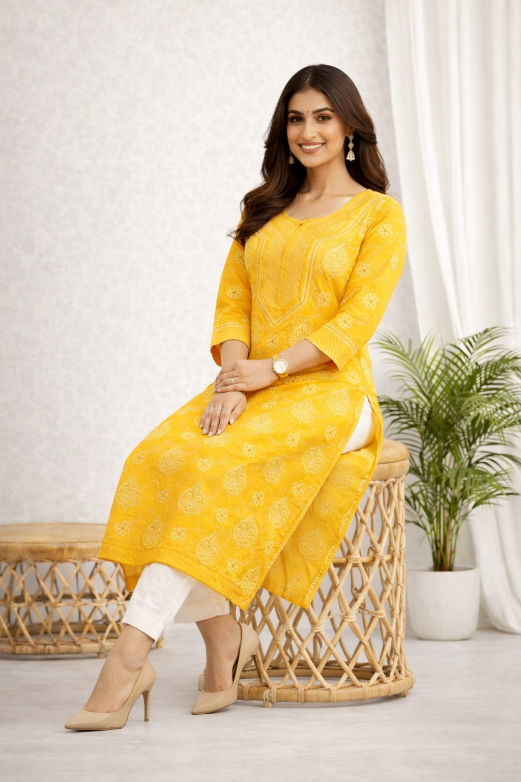 Karigiri Mustard Yellow Chikankari Cotton Kurti_KF0091