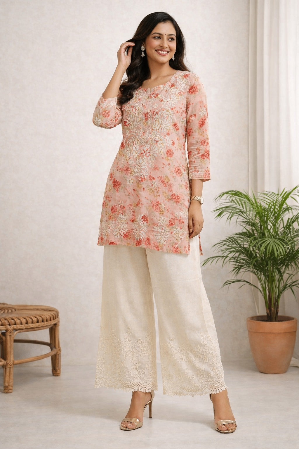 Karigiri Peach Pink Floral Chikankari Printed Cotton Short Kurti_KF0145