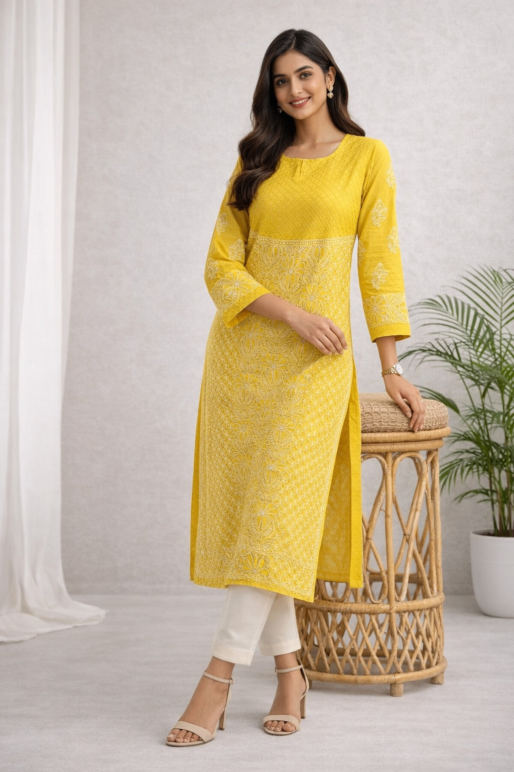 Karigiri Yellow Chikankari Cotton Kurti for Women_KF0048
