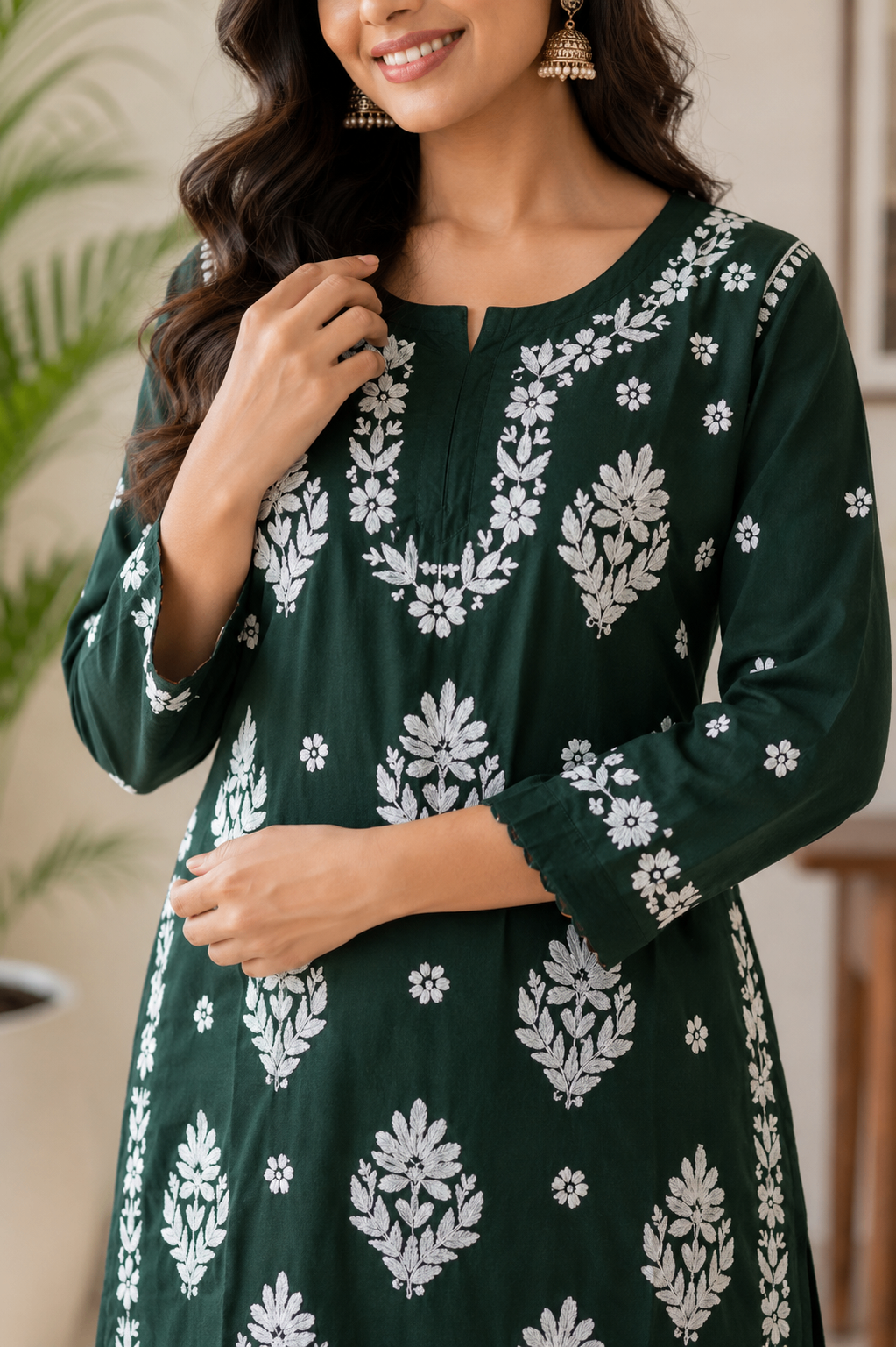 Karigiri Dark Green Chikankari Mulmul Cotton Kurti_KF0029