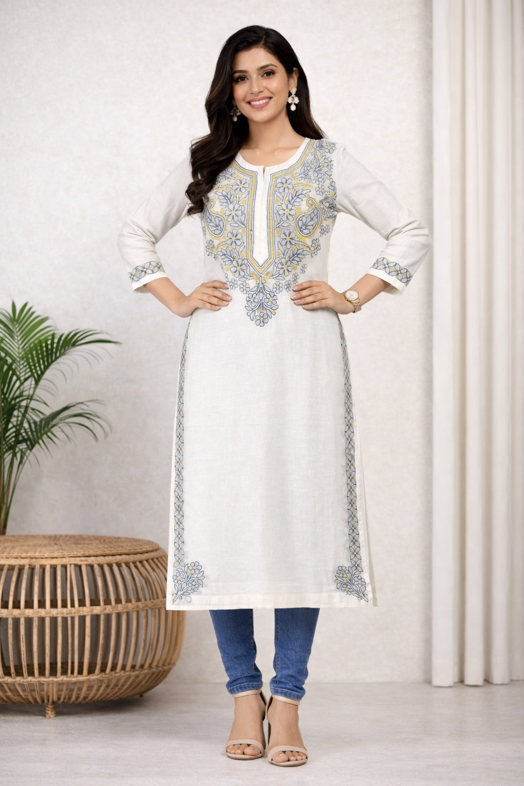 Karigiri Ivory Grey Lucknowi Chikankari Hand Embroidered Cotton Straight Kurta Kurti, 3/4 Sleeve, Calf Length Ethnic Wear for Women