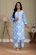 Karigiri Powder Blue Chikankari Hand Embroidered Muslin Kurti Set with White Floral Motifs, 3/4 Sleeves