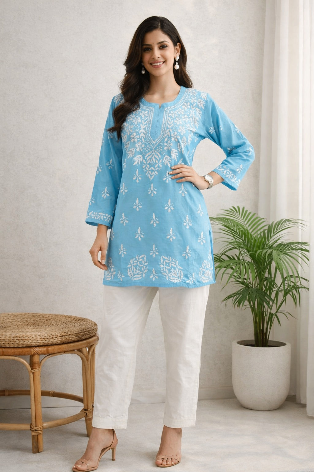 Karigiri Sky Blue Chikankari Rayon Short Kurti_KF0189