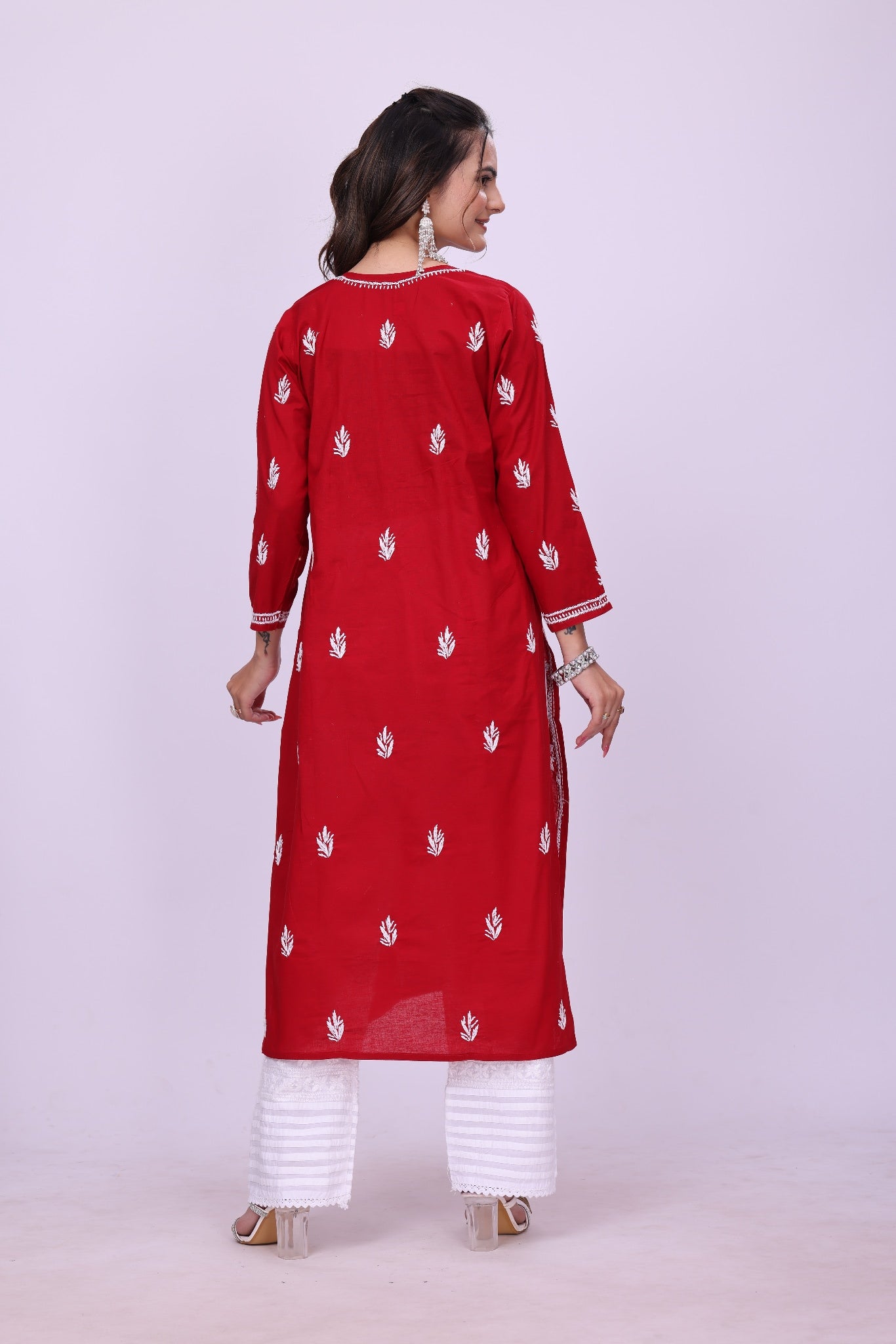 Karigiri Red Cotton Chikankari Kurti Lucknowi_KF0163
