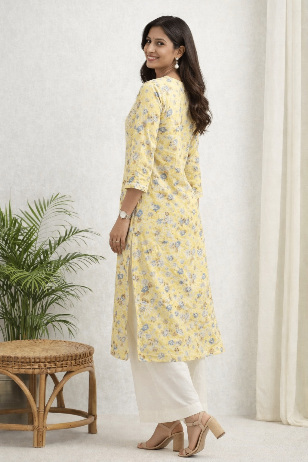 Karigiri Yellow Lucknowi Chikankari Hand Embroidered Long Kurti, Straight Fit, Calf Length, Floral Printed Cotton Fabric, Three-Quarter Sleeves, Round Neck