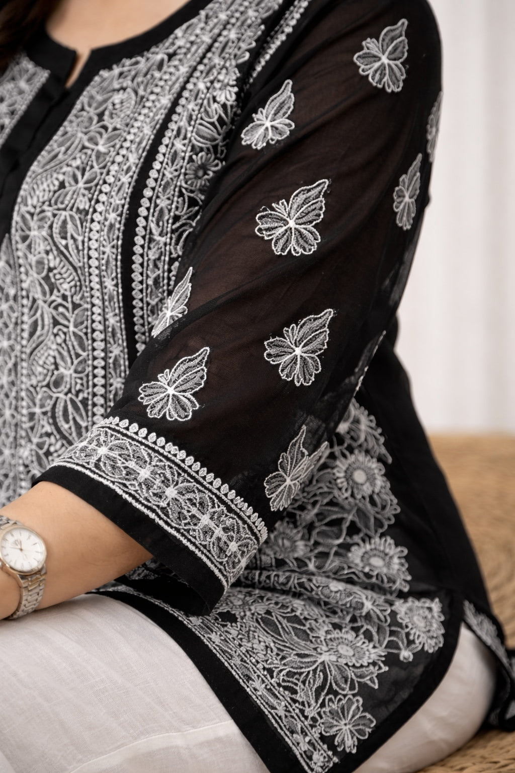 Karigiri Black Georgette Chikankari Short Kurti_KF0014