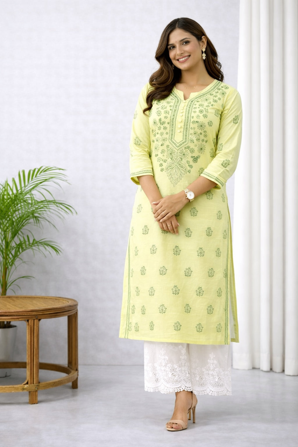 Karigiri Lemon Green Chikankari Cotton Kurti_KF0079