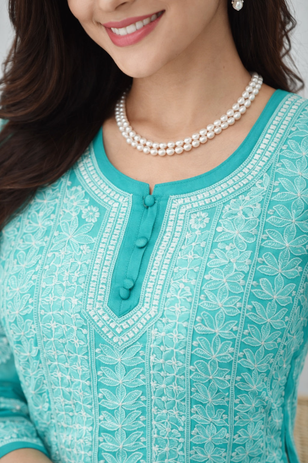 Karigiri Sea Green Chikankari Georgette Short Kurti_KF0178