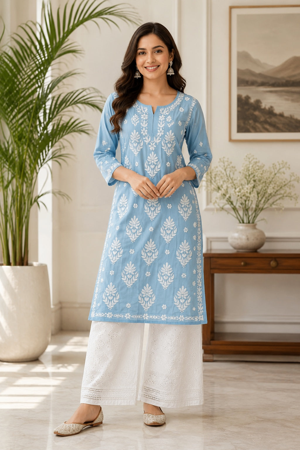Karigiri Sky Blue Chikankari Soft Mulmul Cotton Kurti Women_KF0182