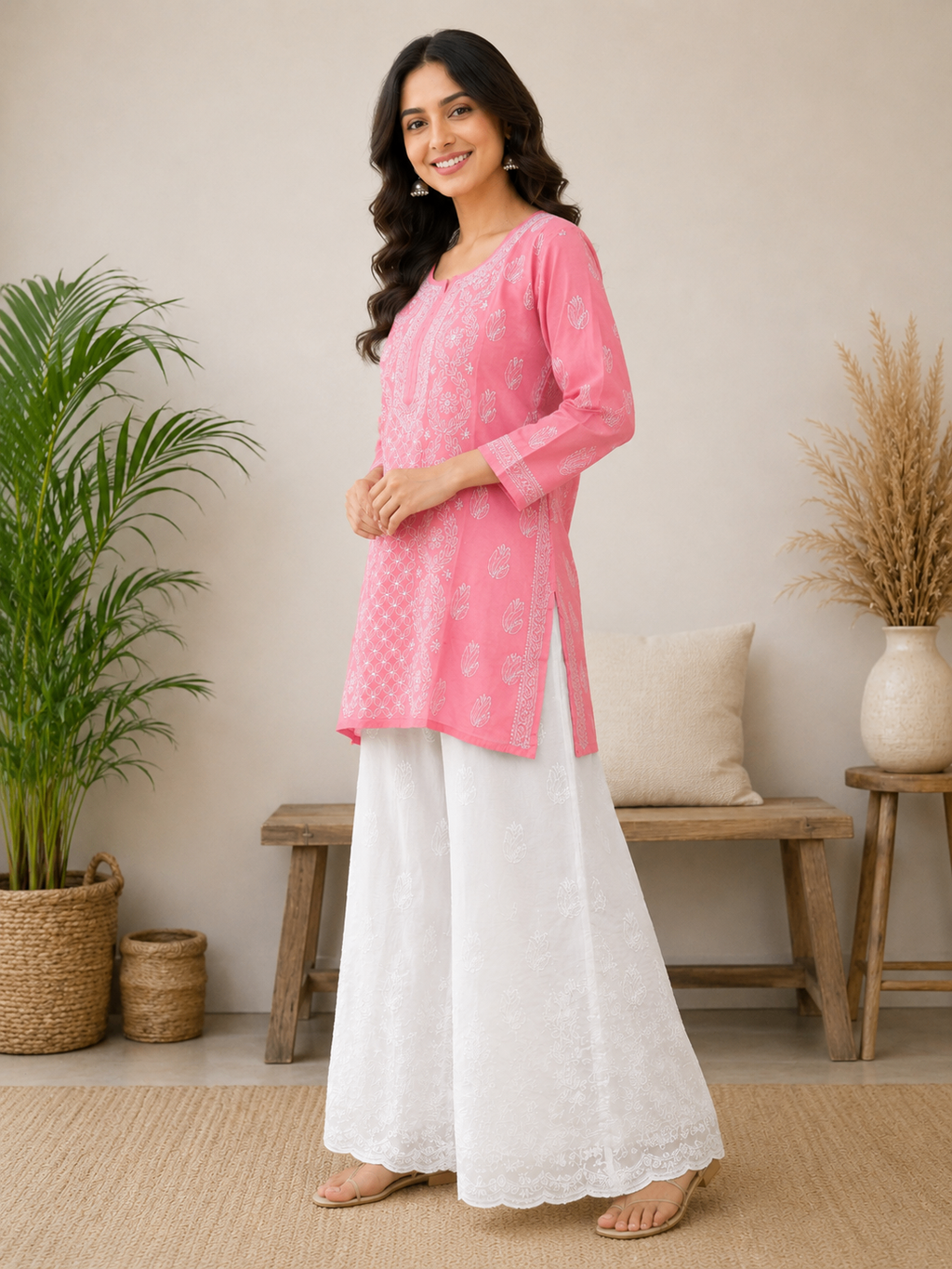 Karigiri Pink Hand Embroidered Chikankari Cotton Short Kurti_KF0304