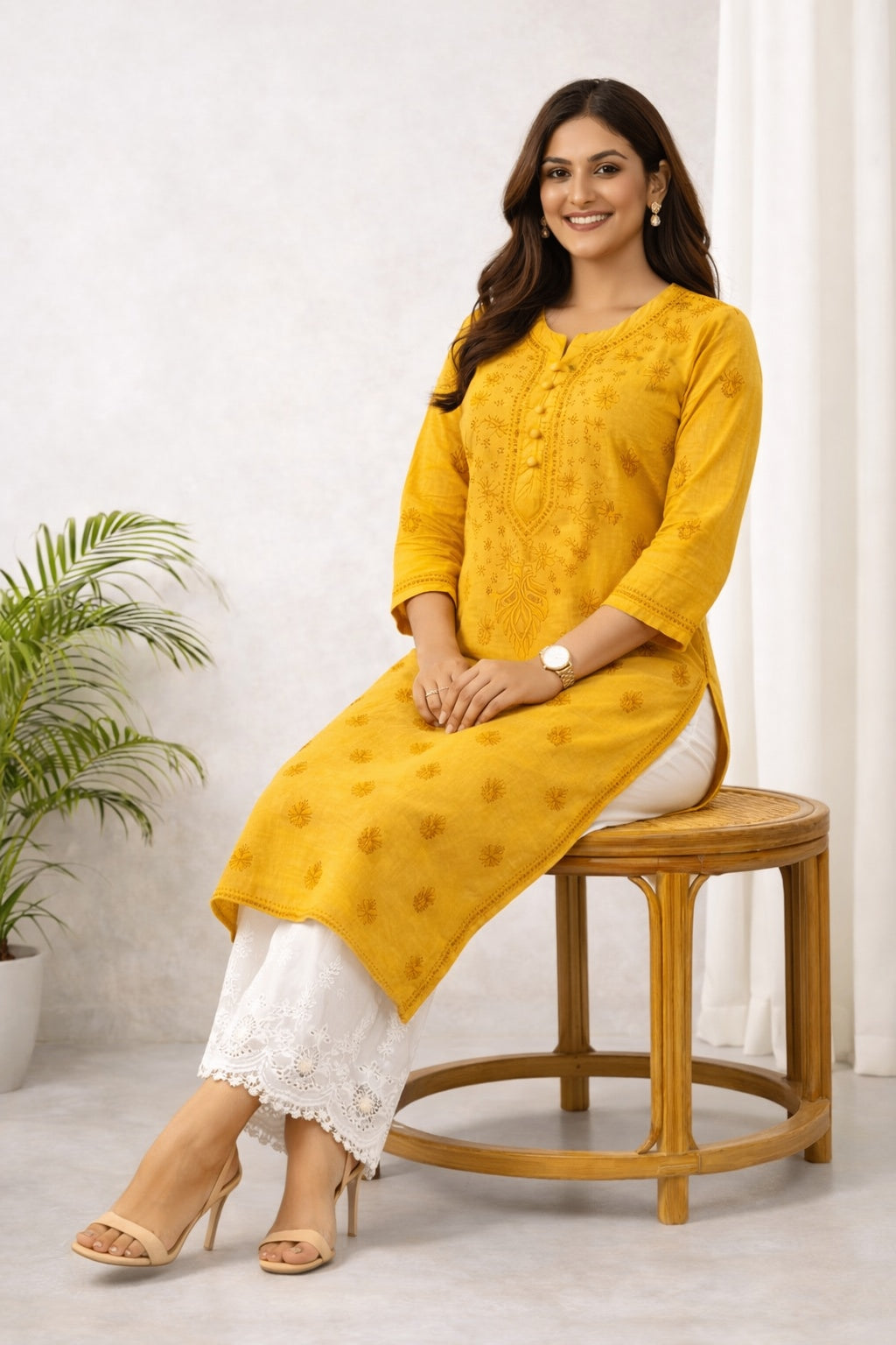 Karigiri Mustard Yellow Chikankari Cotton Kurti_KF0081