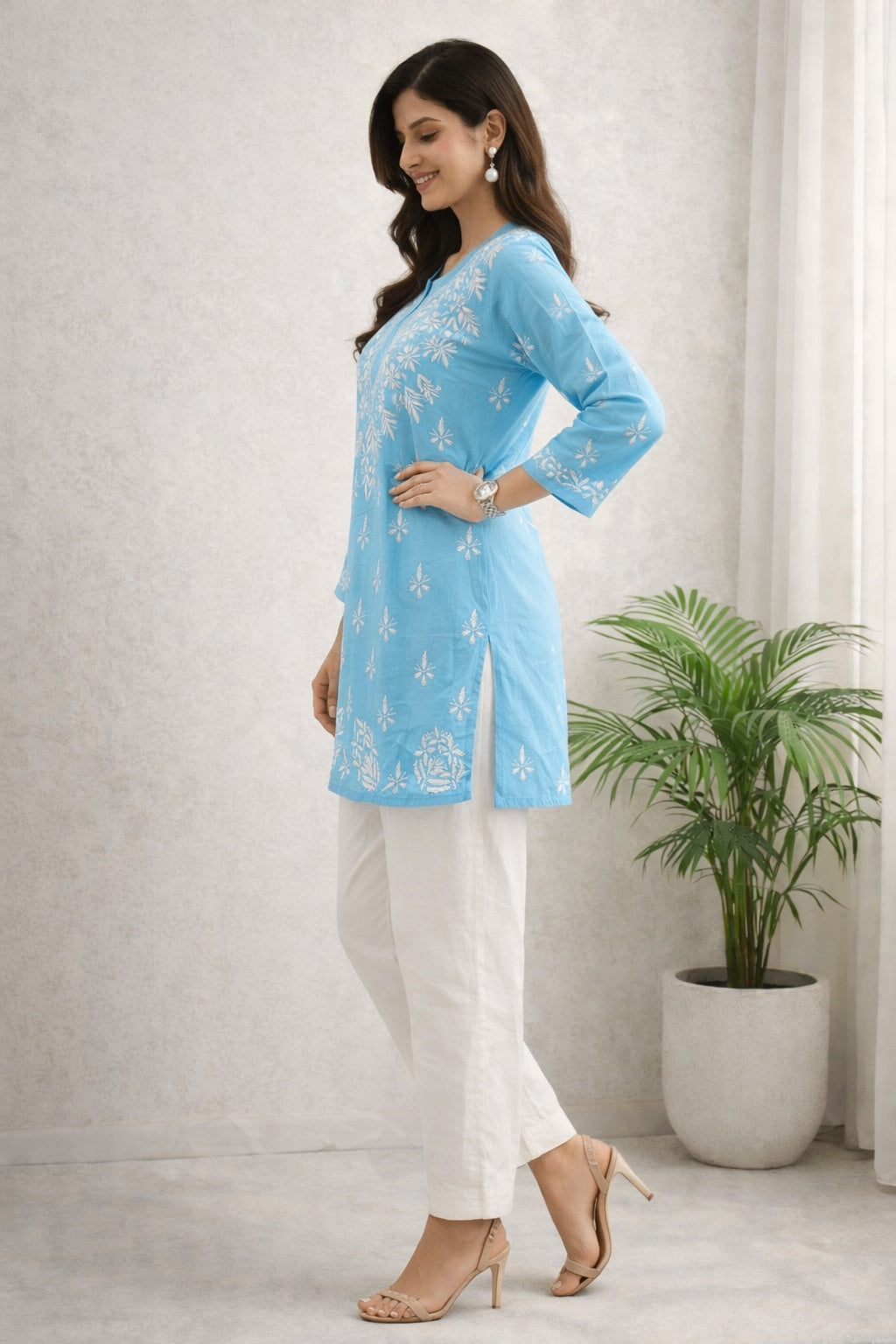 Karigiri Sky Blue Chikankari Rayon Short Kurti_KF0189