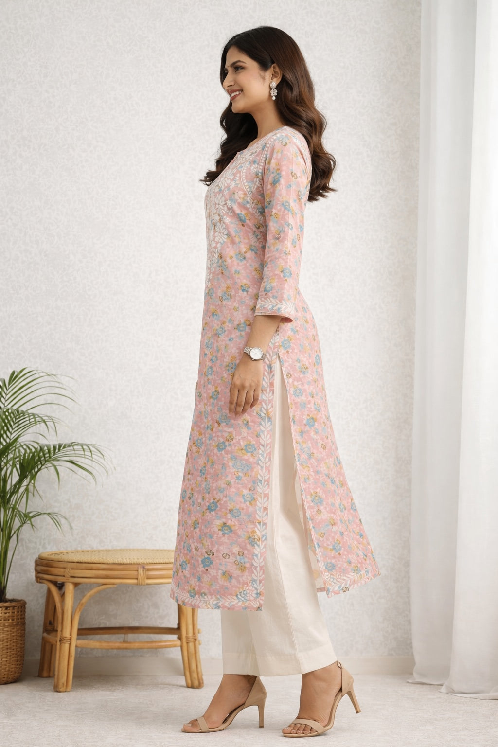 Karigiri Pink Chikankari Printed Cotton Long Kurti_KF0150