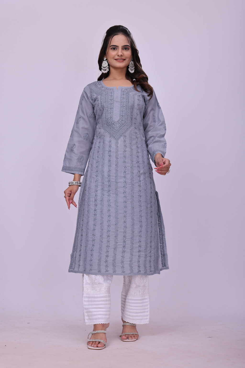 Karigiri Grey Chikankari Cotton Kurti for Women_KF0210