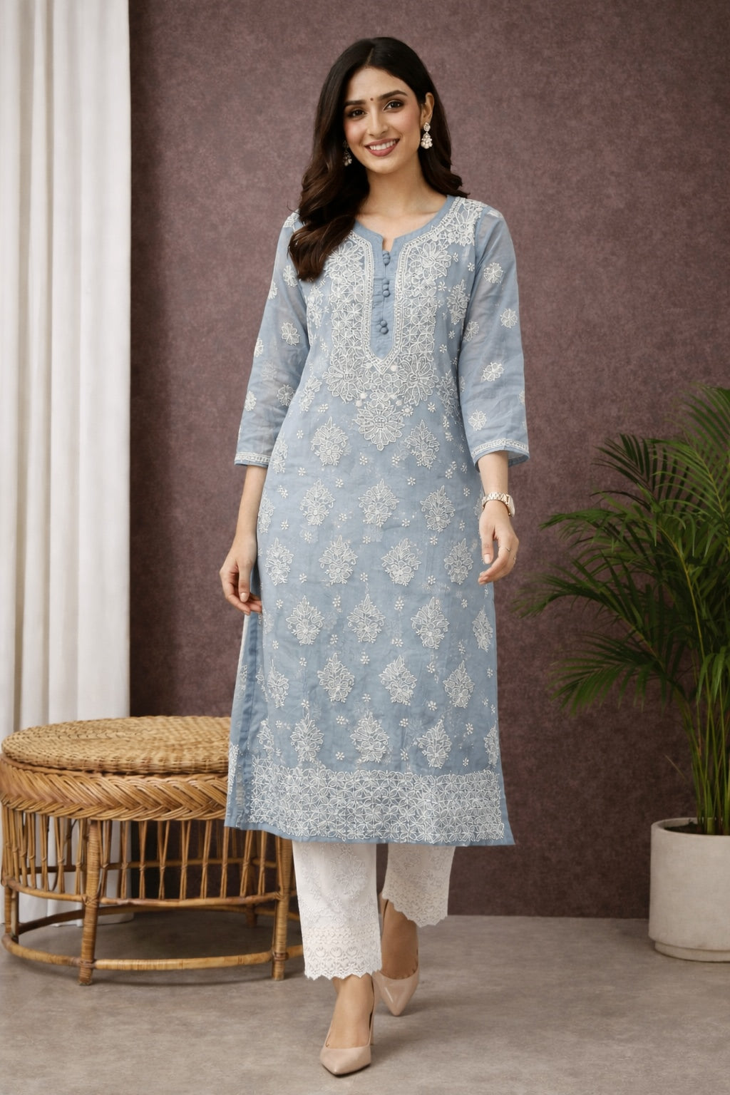 Karigiri Powder Blue Chikankari Georgette Kurti_KF0158