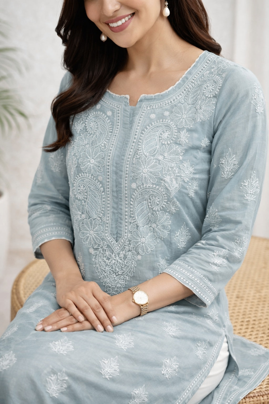 Karigiri Grey Chikankari Cotton Kurti Crosia Work_KF0037