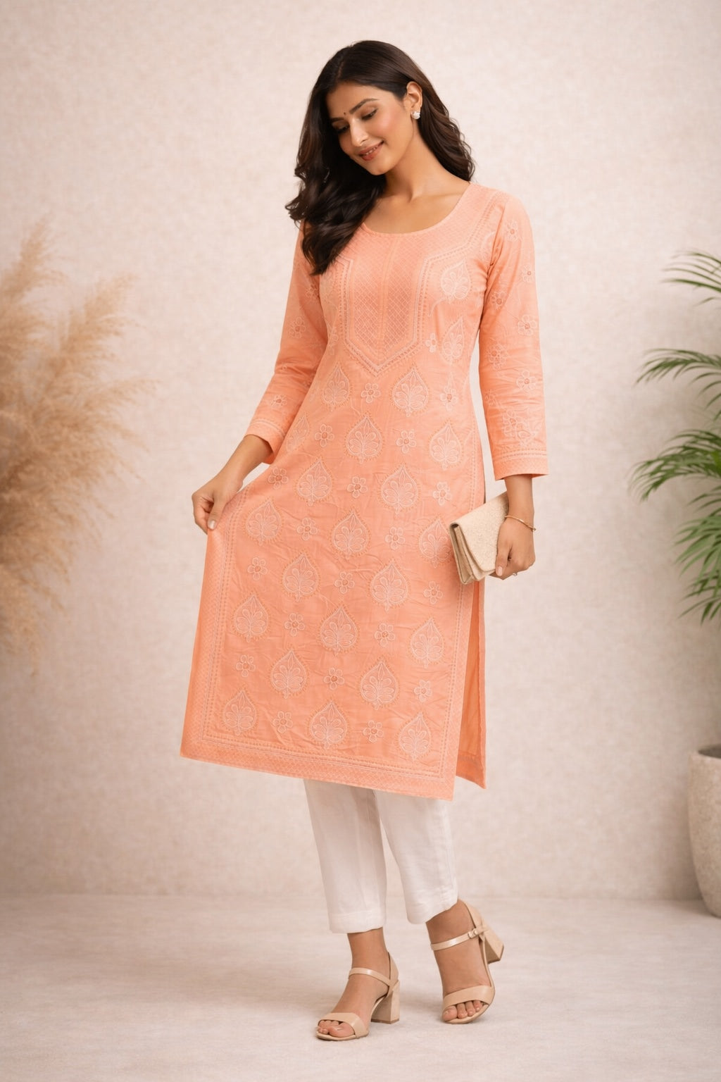 Karigiri Peach Chikankari Cotton Kurti Women_KF0092