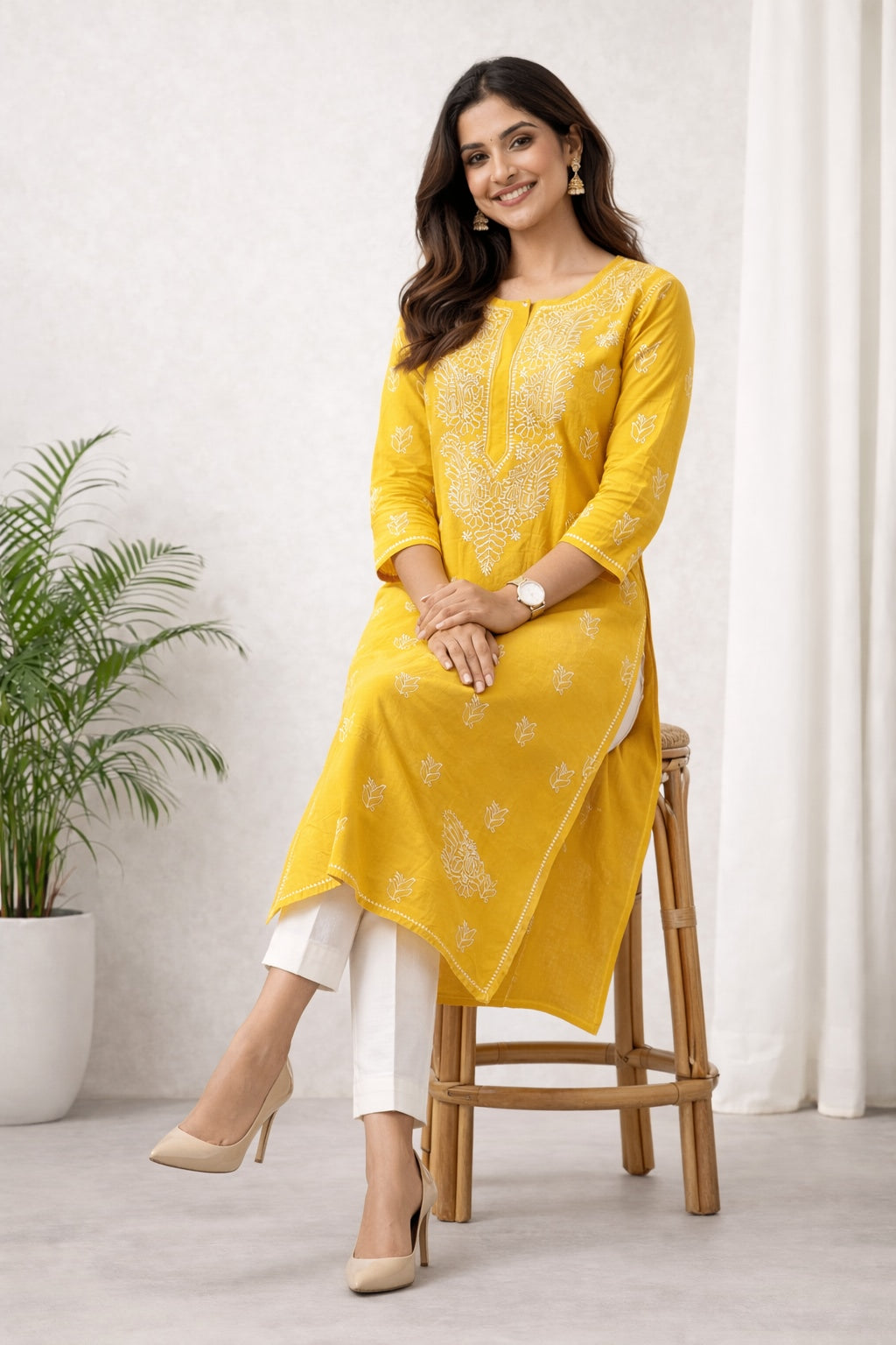Karigiri Mustard Yellow Chikankari Cotton Kurti_KF0133