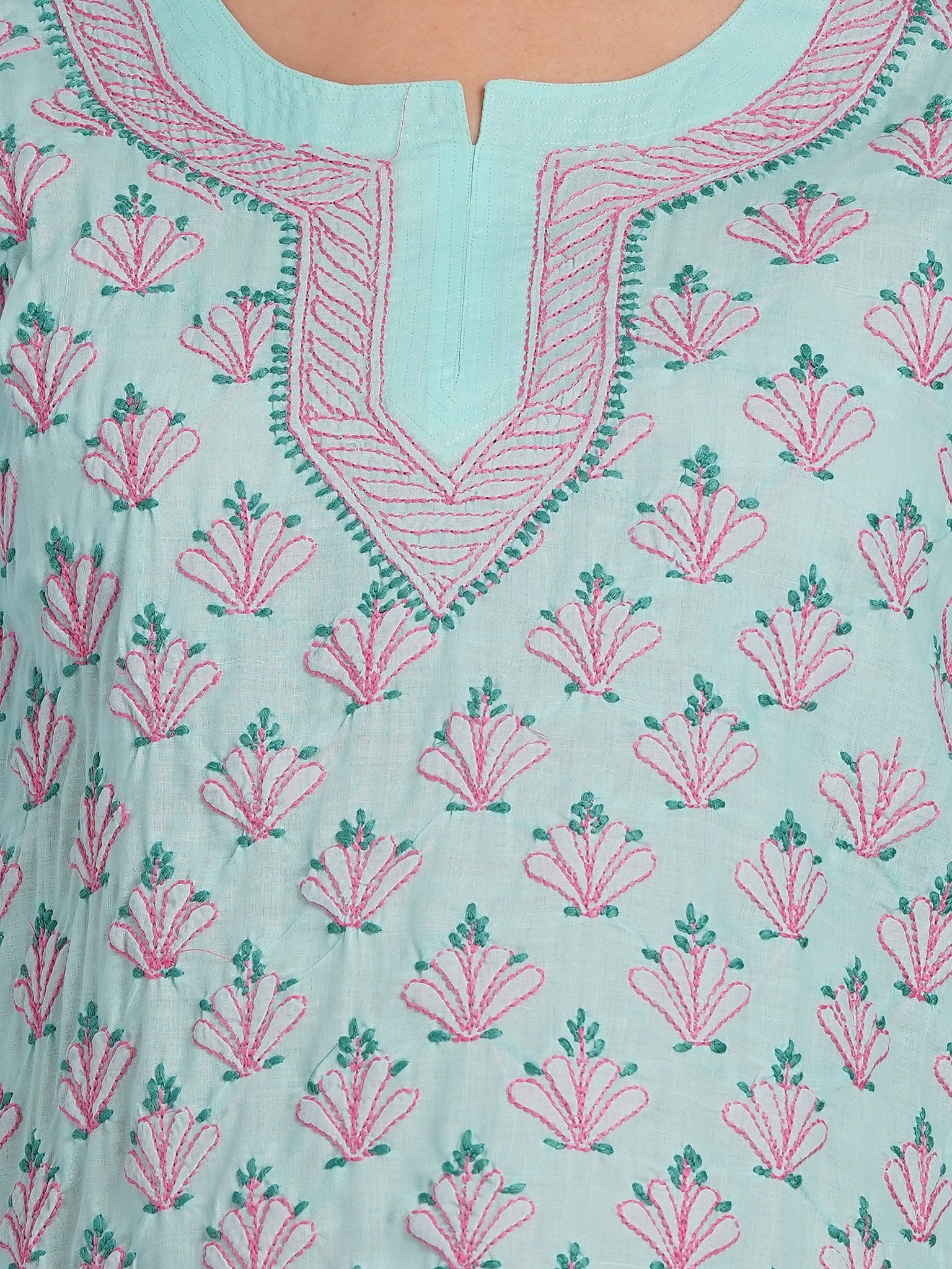 Karigiri Lucknowi Chikankari Hand Embroidered Pure Cotton Short Kurti, Mint Green, Traditional Ethnic Wear