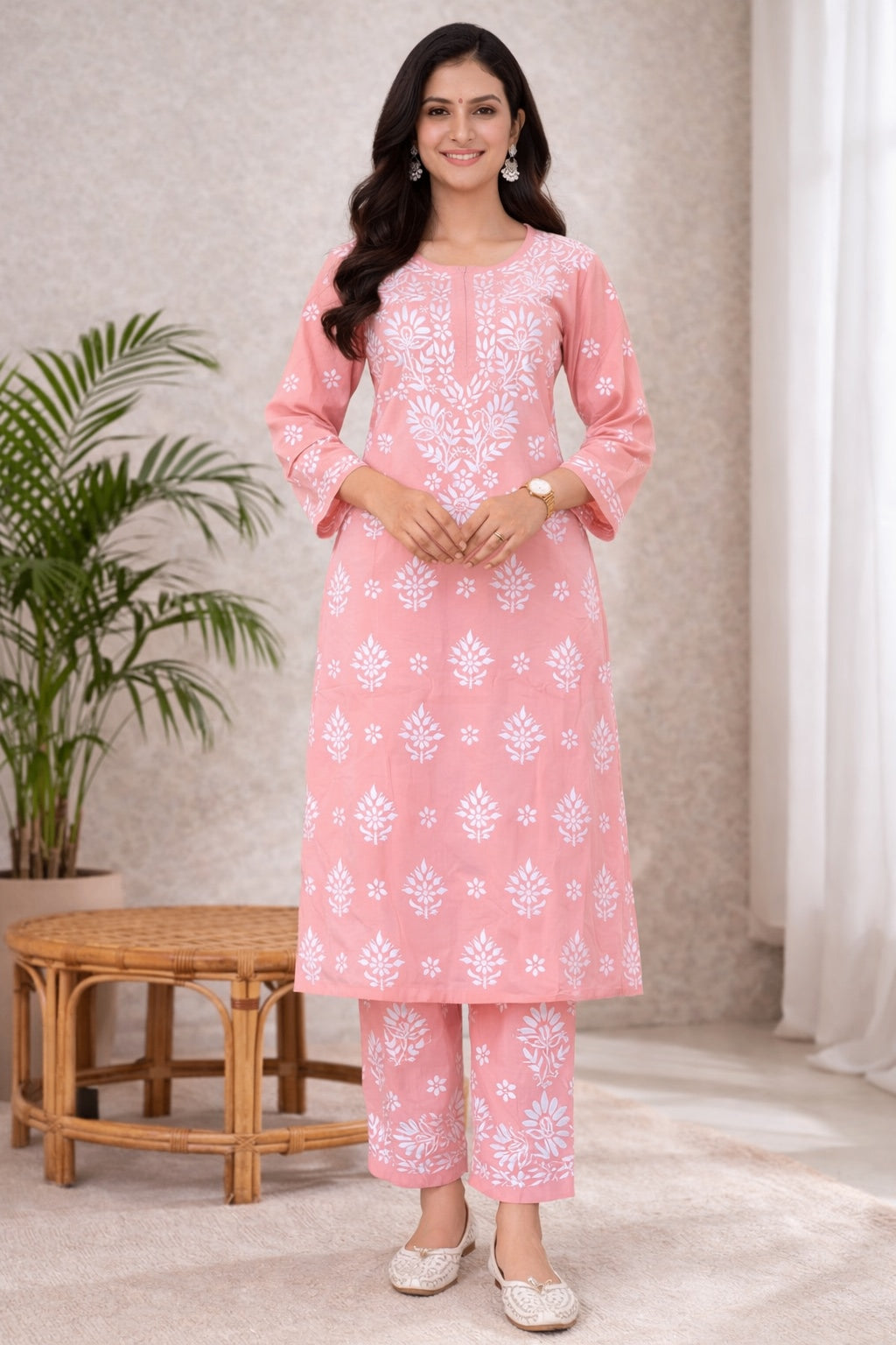 Karigiri Blush Pink Chikankari Cotton Kurti Set_KF0020