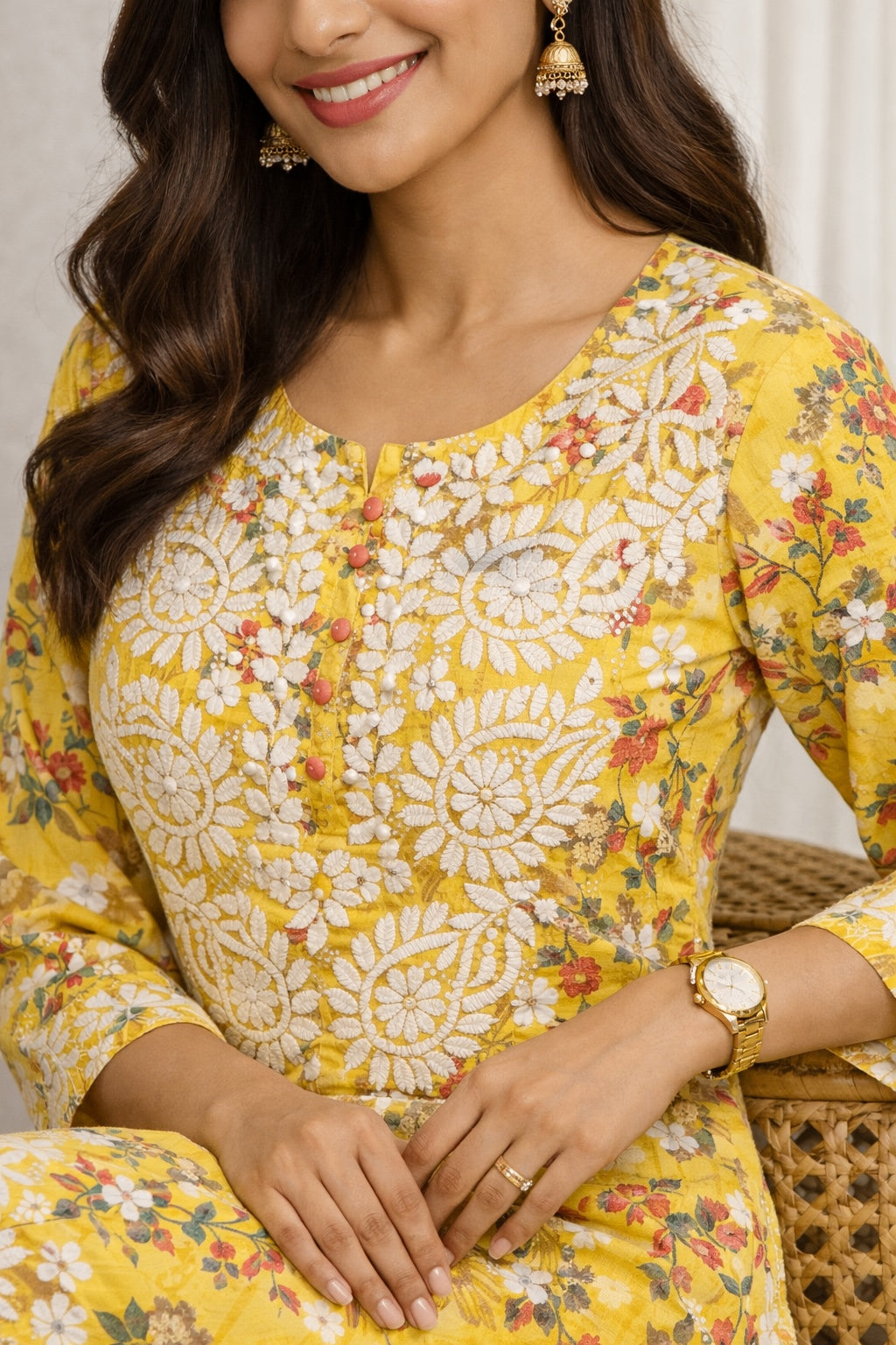 Karigiri Yellow Chikankari Printed Cotton Kurti Set_KF0185
