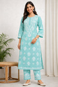 Karigiri Sea Green Chikankari Cotton Kurti Set_KF0165