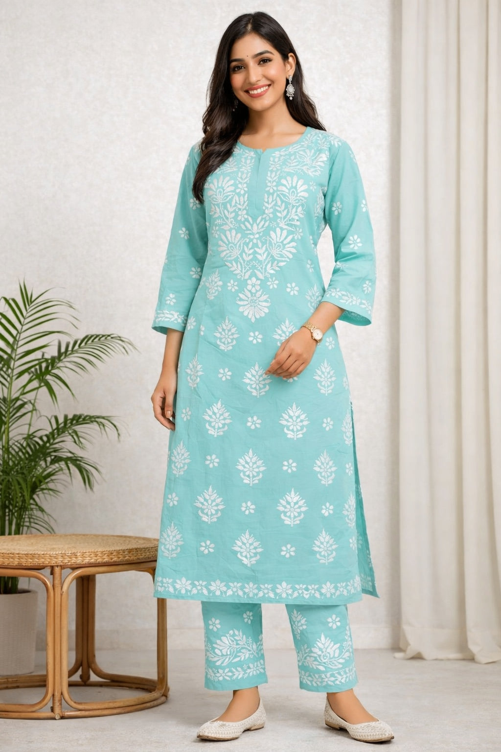 Karigiri Sea Green Chikankari Cotton Kurti Set_KF0165