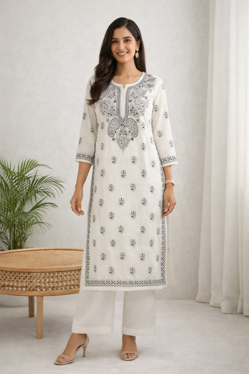 Karigiri White Chikankari Cotton Kurti 3/4 Sleeve_KF0204