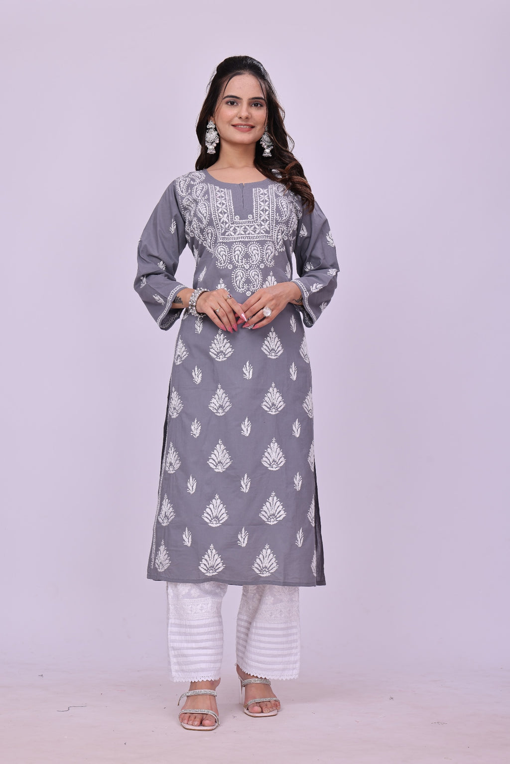 Karigiri Grey Chikankari Modal Cotton Kurti_KF0041