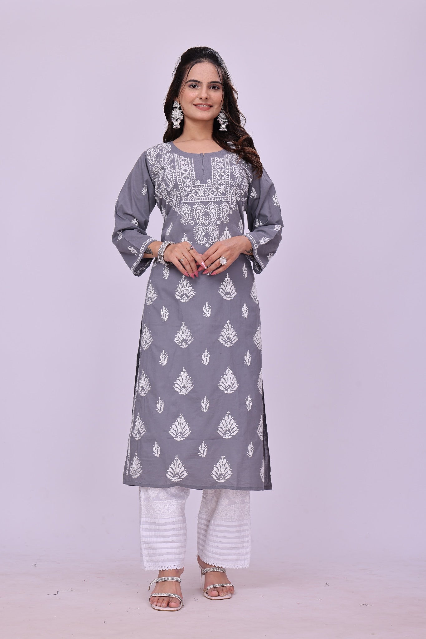 Karigiri Grey Chikankari Modal Cotton Kurti_KF0041