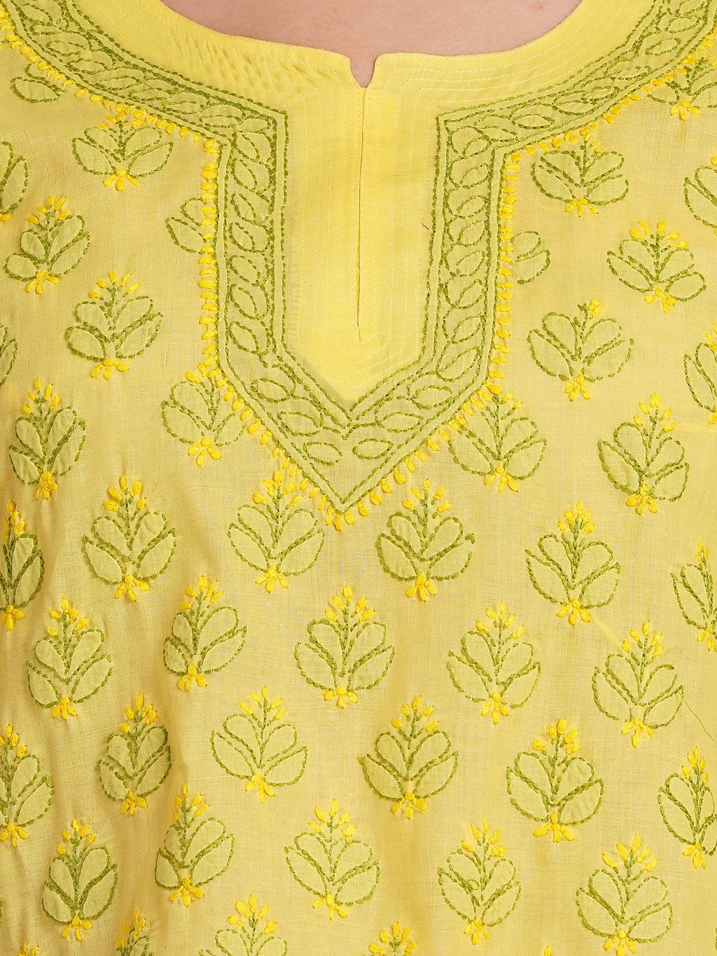 Karigiri Yellow Chikankari Hand Embroidered Pure Cotton Straight Hip Length Short Kurti, 3/4 Sleeve, Ethnic Wear for Women